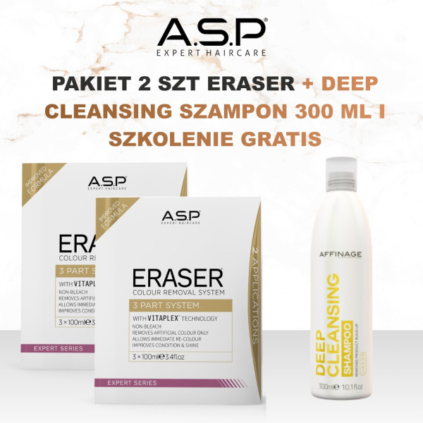 Okazyjny Pakiet 2 szt. Eraser ASP - dekoloryzator 3x100 ml + szampon oczyszczający iszkolenie GRATIS